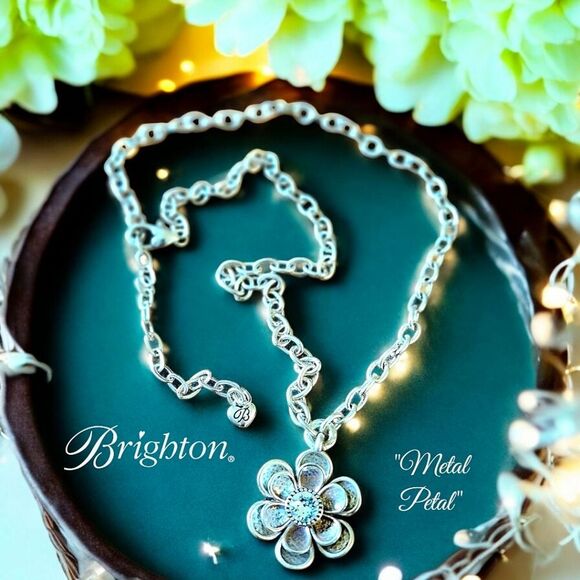 Brighton Jewelry - BRIGHTON "Metal Petal" Silver And Crystal Pendant Necklace